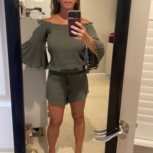 Anthropologie Olive green off the shoulder romper , super cute